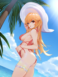  :p absurdres ass azur_lane bad_id bad_pixiv_id blue_sky breasts casual_one-piece_swimsuit clothes_lift cloud commentary_request cross-laced_clothes cross-laced_one-piece_swimsuit day dutch_angle female frilled_one-piece_swimsuit frills from_side hat highres lifting_own_clothes long_hair looking_at_viewer looking_to_the_side medium_breasts official_alternate_costume one-piece_swimsuit orange_hair outdoors palm_tree pink_one-piece_swimsuit red_eyes richelieu_(azur_lane) richelieu_(fleuron_of_the_waves)_(azur_lane) sideboob signature sky solo sun_hat sunlight swimsuit swimsuit_lift thigh_strap tongue tongue_out tree very_long_hair water white_hat wucanming 