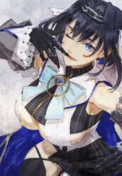  black_gloves black_thighhighs blue_bow blue_cape blue_eyes blue_hair blue_ribbon blush bow bow_earrings breasts cape chain_headband chains cleavage_cutout clothing_cutout collar detached_sleeves earrings female gloves hair_intakes heart highres hololive hololive_english jewelry large_breasts looking_at_viewer micro_shorts miniskirt one_eye_closed open_mouth ouro_kronii ouro_kronii_(1st_costume) ribbon shirt short_hair shorts sideboob sitting skirt sleeveless sleeveless_shirt sleeveless_turtleneck teeth thighhighs tongue tongue_out total turtleneck underboob underboob_cutout veil virtual_youtuber 