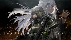  2girls artist_request assault_rifle black_hair breasts brown_eyes closed_mouth elisa_(girls&#039;_frontline) facial_mark forehead_mark girls&#039;_frontline gloves green_hair green_jacket gun hair_between_eyes highres holding holding_gun holding_weapon jacket long_hair long_sleeves m4_carbine m4a1_(girls&#039;_frontline) m4a1_(mod3)_(girls&#039;_frontline) mask multicolored_hair multiple_girls official_art open_mouth particle_cannon_case rifle sangvis_ferri skull_mask streaked_hair upper_body weapon white_hair 