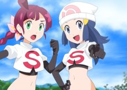  2girls :d beanie blue_hair braid braided_ponytail chloe_(pokemon) clenched_hand cloud cosplay dawn_(pokemon) day elbow_gloves eyelashes flower gloves green_eyes grey_eyes hainchu hair_flower hair_ornament hairclip hand_on_own_hip hand_up hat highres jacket jessie_(pokemon) jessie_(pokemon)_(cosplay) long_hair multiple_girls navel open_mouth outdoors pink_flower pokemon pokemon_(anime) pokemon_journeys sky smile team_rocket team_rocket_uniform tongue white_headwear white_jacket 