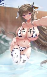  absurdres alternate_costume animal_ears animal_print azur_lane bikini blurry blurry_background body_writing breasts brown_hair cow_ears cow_girl cow_horns cow_print cow_print_bikini cow_tail female hair_ribbon highres horns huge_breasts kashino_(azur_lane) long_hair looking_at_viewer onsen print_bikini purple_eyes ribbon selfie shenqi_(toid310) skindentation solo string_bikini swimsuit tail thighhighs very_long_hair wading water white_ribbon 