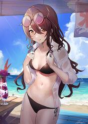  absurdres beach beach_house bikini black_bikini blue_sky blush breasts brown_eyes brown_hair cleavage collarbone collared_shirt commentary_request day eyewear_on_head female glass hair_between_eyes highres horizon idolmaster idolmaster_shiny_colors lens_flare long_hair looking_at_viewer nail_polish navel ocean osaki_tenka outdoors shirt side-tie_bikini_bottom sidelocks sky small_breasts solo sunglasses swimsuit table uouokuma wet wet_clothes wet_shirt white_shirt wooden_floor 