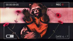  16:9 4k absurd_res anthro bed clothed clothing flower furniture guardians_of_the_galaxy hi_res lying male mammal marvel narrowed_eyes on_back open_mouth plant presenting procyonid raccoon rocket_raccoon rose_(flower) solo squint twopapers widescreen 