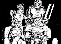  2boys 2girls ahoge armor artoria_pendragon_(fate) assault_visor braid commentary controller couch crossover doom_(2016) doom_(series) doomguy eating english_commentary fate/apocrypha fate/stay_night fate_(series) food game_controller gamepad greyscale hair_bun halo_(series) headpiece high_contrast holding holding_controller holding_game_controller jeanne_d&#039;arc_(fate) jeanne_d&#039;arc_(ruler)_(fate) long_hair master_chief monochrome multiple_boys multiple_girls pizza pizza_box playing_games power_armor praetor_suit saber_(fate) short_hair single_hair_bun space_marine spartan_(halo) substance20 sweater 