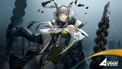  animal_ear_fluff animal_ears arknights bare_shoulders blunt_bangs cat_ears commentary cowboy_shot dress female green_dress green_eyes grey_hair highres kal&#039;tsit_(arknights) kal&#039;tsit_(remnant)_(arknights) long_hair official_alternate_costume solo standing yuuki_mix 