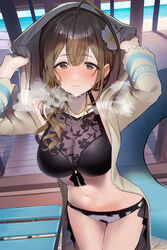  absurdres beach bikini black_bikini blush breasts brown_eyes brown_hair cleavage closed_mouth commentary_request female flower hair_between_eyes hair_flower hair_ornament highres hood hoodie horizon idolmaster idolmaster_shiny_colors indoors innertube kuwayama_chiyuki long_hair looking_at_viewer medium_breasts navel ocean see-through see-through_cleavage solo standing stomach swim_ring swimsuit uouokuma white_hoodie 