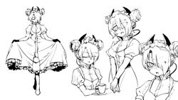  agent_(girls&#039;_frontline) asymmetrical_hair breasts cable closed_eyes crossed_legs cup curtsey double_bun expressions eyelashes female girls&#039;_frontline gloves greyscale hair_bun head_tilt high_collar highres holding holding_cup looking_at_viewer maid maid_headdress medium_breasts monochrome multiple_views open_mouth sangvis_ferri simple_background skirt_hold tray tsurime twoj v_arms white_background 