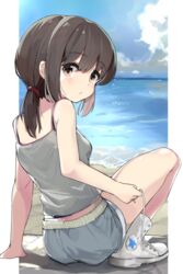  arm_support bare_arms bare_shoulders black_hair blue_sky boots breasts brown_eyes camisole closed_mouth cloud commentary_request day female fubuki_(kancolle) grey_camisole grey_shorts hair_between_eyes highres horizon houjichaoic kantai_collection long_hair looking_at_viewer looking_back low_ponytail midriff_peek ocean outdoors ponytail short_shorts shorts sky small_breasts solo water white_footwear 