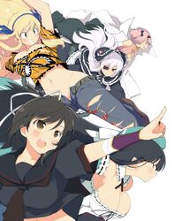  5girls :d animal_ears asuka_(senran_kagura) bandages bare_shoulders beret black_hair black_ribbon black_serafuku blonde_hair blue_eyes blue_ribbon blush bow breasts brown_eyes brown_footwear cat_ears cleavage commentary_request cosplay denim detached_collar detached_sleeves dress eyepatch frown gothic_lolita green_eyes hair_ribbon haruka_(senran_kagura) haruka_(senran_kagura)_(cosplay) hat hebijo_academy_uniform hibari_(senran_kagura) highres hikage_(senran_kagura) hikage_(senran_kagura)_(cosplay) homura_(senran_kagura) homura_(senran_kagura)_(cosplay) ikaruga_(senran_kagura) jeans katsuragi_(senran_kagura) lab_coat large_breasts leaning_forward lolita_fashion long_hair looking_to_the_side maid mirai_(senran_kagura) mirai_(senran_kagura)_(cosplay) multiple_girls navel no_panties official_art open_mouth orange_shirt pants pink_hair ponytail red_eyes ribbon running school_uniform senran_kagura serafuku shirt short_hair short_twintails simple_background smile symbol-shaped_pupils torn_clothes torn_jeans torn_pants twintails unzipped white_background white_hair white_ribbon yaegashi_nan yagyu_(senran_kagura) yomi_(senran_kagura) yomi_(senran_kagura)_(cosplay) 