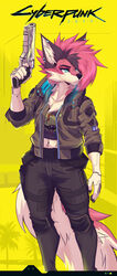  2023 5_fingers absurd_res anthro blue_eyes bottomwear canid canine cd_projekt_red clothing cyberpunk cyberpunk_2077 digital_media_(artwork) emblem english_text female fingers fist fox fur gun hi_res holding_object holding_weapon jacket mammal midriff multicolored_body multicolored_fur pants potatokamaos ranged_weapon solo streetwear techwear text title topwear undercut v_(cyberpunk_2077) weapon 