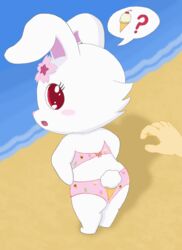  anthro beach bikini blush cherry clothing dessert female food fruit fur hare hi_res ice_cream ice_cream_cone japanese_hare jewelpet lagomorph leporid mammal masterlinkx pink_clothing pink_swimwear plant question_mark rabbit ruby_(jewelpet) sanrio scut_tail seaside sega sega_fave short_tail solo swimwear tail white_body white_fur 