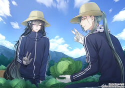  2boys basket black_hair blue_sky cabbage closed_eyes commentary_request gloves green_hair hat ichi-be juzumaru_tsunetsugu long_hair looking_back male_focus multiple_boys nikkari_aoe official_art outdoors ponytail sky smile touken_ranbu track_suit v very_long_hair white_gloves yellow_eyes 