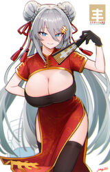  armored_core armored_core_6 blue_eyes breasts brown_gloves china_dress chinese_clothes cleavage cleavage_cutout clothing_cutout cowboy_shot dafeng_nyan-nyan double_bun dress female folding_fan gloves grey_hair hair_between_eyes hair_bun hand_fan highres jamg336 large_breasts long_hair looking_at_viewer mascot messy_hair mole mole_on_breast parted_lips personification red_dress short_sleeves side_slit sidelocks smile very_long_hair white_background 