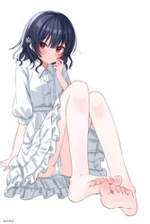  :o arm_support barefoot black_hair blush braid center_frills collared_dress commentary_request dress eluthel feet female flower frilled_dress frills full_body hair_flower hair_ornament highres idolmaster idolmaster_shiny_colors knees_up legs looking_at_viewer morino_rinze panties red_eyes short_hair simple_background sitting soles solo toenails toes twitter_username underwear white_background white_dress white_panties 