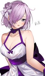  blush breasts cleavage cowboy_shot fate/grand_order fate_(series) female flower hair_flower hair_ornament hair_over_one_eye hair_ribbon highres mash_kyrielight medium_breasts purple_eyes purple_flower purple_hair purple_ribbon purple_rose ribbon rose solo white_background xretakex 