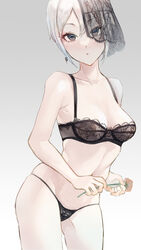  :o black_bra black_panties bra breasts cleavage collarbone female flower fujima_(k114) grey_background highres holding holding_flower idolmaster idolmaster_cinderella_girls lace-trimmed_bra lace-trimmed_panties lace-trimmed_veil lace_trim looking_at_viewer navel panties shiomi_syuko short_hair simple_background skindentation solo underwear veil_over_one_eye white_hair 