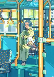  2boys abyff14 animal_ears black_hair bus bus_interior cat_boy cat_ears closed_eyes green_robe highres long_sleeves luo_xiaohei luo_xiaohei_(human) luo_xiaohei_zhanji motor_vehicle multiple_boys robe sitting sleeping white_hair wide_shot wide_sleeves window wuxian_(the_legend_of_luoxiaohei) 