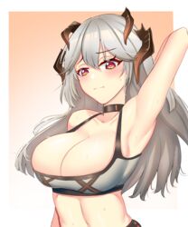  abineko absurdres arknights arm_up armpits bare_shoulders black_choker blush border breasts choker cleavage commentary crop_top english_commentary female gradient_background grey_hair grey_sports_bra hair_between_eyes highres horns large_breasts long_hair looking_at_viewer midriff navel orange_background orange_eyes outside_border presenting_armpit saria_(arknights) solo sports_bra stomach sweat upper_body white_border 