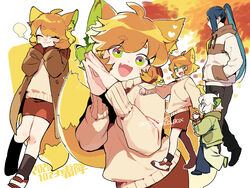  animal_ears black_hair brown_jacket cat_boy cat_ears closed_eyes drawstring fox_ears fox_girl fox_tail green_eyes hands_in_pockets jacket long_hair long_sleeves looking_at_viewer luo_xiaohei luo_xiaohei_(human) luo_xiaohei_zhanji multiple_views oerba_yun_fang open_mouth orange_hair outline own_hands_together ponytail profile red_skirt ruoshui_(the_legend_of_luoxiaohei) shoes short_hair skirt smile sweater tail vox walking white_hair white_outline white_sweater wuxian_(the_legend_of_luoxiaohei) 