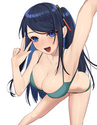  :d arm_up armpits beijuu bikini blue_eyes blue_hair breasts cleavage commentary_request female green_bikini hair_ornament highres krt_girls large_breasts lips long_hair one_side_up open_mouth sidelocks simple_background smile solo swimsuit w white_background xiao_qiong 