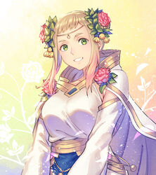  alternate_costume anbe_yoshirou blonde_hair breasts cape collarbone commentary double_bun dress female fire_emblem fire_emblem_heroes floral_background flower gold_trim gradient_hair green_eyes hair_bun hair_flower hair_ornament henriette_(fire_emblem) henriette_(valentine)_(fire_emblem) highres jewelry leaf_hair_ornament lips looking_at_viewer medium_breasts multicolored_hair official_alternate_costume parted_lips pink_hair red_flower red_rose robe rose short_hair sidelocks signature smile solo teeth white_cape white_dress white_robe wide_sleeves yellow_flower 