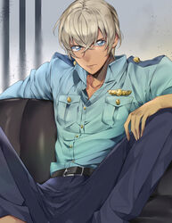  1boy amuro_tooru belt belt_buckle black_belt blonde_hair blue_eyes blue_pants blue_shirt buckle buttons closed_mouth collarbone collared_shirt commentary couch dreaming182 dress_shirt feet_out_of_frame grey_background hair_between_eyes highres indoors male_focus meitantei_conan on_couch pants police police_uniform policeman serious shirt shirt_tucked_in short_hair sitting solo spread_legs symbol-only_commentary uniform 