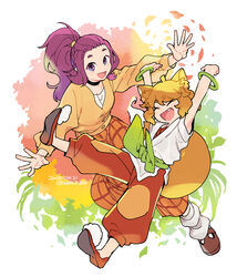  2girls animal_ears arms_up bracelet choker dated fox_ears fox_girl fox_tail full_moon highres jewelry long_hair long_sleeves looking_at_viewer luo_xiaohei_zhanji moon multiple_girls oerba_yun_fang open_mouth pants ponytail purple_eyes purple_hair red_pants ruoshui_(the_legend_of_luoxiaohei) shirt shoes smile tail vox white_shirt zi_luolan_(the_legend_of_luoxiaohei) 