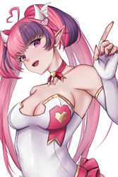  absurdres ahoge bow_choker breasts choker cleavage demon_girl demon_horns demon_wings elbow_gloves female fingerless_gloves gloves hair_ornament head_wings heart heart_ahoge heart_hair_ornament highres horns ironmouse ironmouse_(race_queen) large_breasts leotard long_hair looking_at_viewer multicolored_hair nail_polish open_mouth pink_hair pink_nails pointy_ears purple_eyes purple_hair race_queen red_choker smile solo streaked_hair twintails virtual_youtuber vshojo white_gloves white_leotard wings yiotaart 