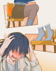  1boy absurdres artist_name black_hair blue_jacket blush brown_shorts chair close-up collarbone commentary english_commentary faceless faceless_male feet female hands_on_own_head highres iwato_suzume jacket jewelry knees legs long_hair mole mole_under_eye motion_lines multiple_views munakata_souta munakata_souta_(chair) necklace on_chair open_mouth scene_reference shaecha27 shirt shorts sitting sitting_on_object socks standing standing_on_chair suzume&#039;s_chair suzume_no_tojimari sweat teeth twitching white_jacket white_shirt white_socks 