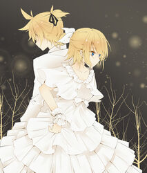  1boy back-to-back blonde_hair blue_eyes bow branch brother_and_sister collar collarbone commentary dress female formal frilled_collar frilled_cuffs frilled_dress frills hair_ornament hair_ribbon hairbow hairclip highres kagamine_len kagamine_rin layered_dress light_particles pale_skin ribbon scrunchie siblings skirt_hold suit tuxedo twins varinr vocaloid white_dress white_suit wrist_cuffs wrist_scrunchie 