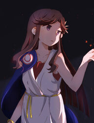  absurdres ancient_greek_clothes bare_arms belt black_background blue_jacket bracelet brown_hair expressionless female fud greco-roman_clothes highres jacket jacket_on_shoulders jewelry long_hair looking_to_the_side open_mouth peplos purple_eyes red_star robe shadow shoujo_kageki_revue_starlight sidelocks solo star_(symbol) swept_bangs tendou_maya undershirt upper_body yellow_bracelet yellow_rope 