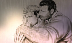  2boys arm_hair bara beard comforting couple facial_hair hair_slicked_back hair_strand hairy hand_on_another&#039;s_head holding_hands hug hug_from_behind male_focus mature_male monochrome multiple_boys muscular muscular_male original rain sad shirt short_hair sideburns sleeves_rolled_up tarowo upper_body water_drop wet wet_clothes wet_shirt yaoi 