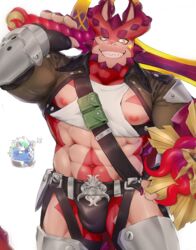  2boys abs absurdres bara belt black_male_underwear briefs bulge chest_harness chibi chibi_inset clothing_cutout colored_sclera cowboy_shot cropped_shirt crotchless crotchless_pants cthugha_(housamo) delta3814 extra_ears furry furry_male grin harness highres holding holding_shield holding_sword holding_weapon large_pectorals looking_at_viewer male_focus male_underwear monster_boy multiple_boys muscular muscular_male nipples nyarlathotep_(housamo) octopus_boy over_shoulder pants pectorals purple_eyes scales shield shirt sidepec smile solo_focus stomach sword tentacle tentacle_hair thick_eyebrows thick_thighs thigh_cutout thighs tokyo_afterschool_summoners underwear weapon weapon_over_shoulder white_shirt yellow_sclera 