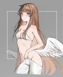  artificial_world bare_arms bare_shoulders blue_eyes blunt_bangs breasts brown_hair commentary cowboy_shot cropped_legs english_commentary feathered_wings female grey_background groin highres long_hair looking_at_viewer low_wings navel parted_lips ren_(terupancake) sidelocks simple_background small_breasts solo terupancake twitter_username very_long_hair white_wings wings 