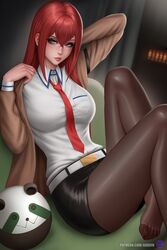  arduina_(arduin_art) arm_behind_head belt black_skirt breasts brown_jacket brown_pantyhose collared_shirt feet female foot_out_of_frame hair_between_eyes highres jacket knees_up large_breasts legs lips long_hair looking_to_the_side lying makise_kurisu miniskirt necktie no_shoes on_back pantyhose patreon_username pencil_skirt red_hair red_necktie shirt shirt_tucked_in sidelocks skirt solo steins;gate toenails toes upa_(steins;gate) white_shirt 