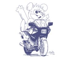  2022 anthro biped blue_and_white chibi gamba_no_bouken gamba_no_bouken_(series) ganba j-fujita mammal monochrome motorcycle mouse murid murine rodent simple_background sitting solo vehicle white_background 