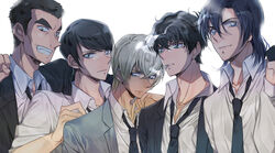  5boys amuro_tooru backlighting black_eyes black_hair black_jacket black_necktie black_suit blonde_hair blue_eyes cigarette clenched_hand closed_mouth collarbone collared_shirt commentary date_wataru dreaming182 facial_hair fingernails formal green_eyes grey_jacket grey_suit grin hagiwara_kenji hair_between_eyes hand_up happy highres jacket long_sleeves looking_at_viewer looking_to_the_side loose_necktie male_focus matsuda_jinpei meitantei_conan mouth_hold multiple_boys necktie parted_lips scotch_(meitantei_conan) shirt short_hair simple_background smile smoke smoking stubble suit teeth thick_eyebrows upper_body white_background white_shirt 