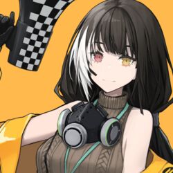  bangs black_hair breasts commentary eyebrows_visible_through_hair female gas_mask girls_frontline headset heterochromia holding holding_megaphone jacket jacket_over_shoulder lanyard large_breasts long_hair looking mask_around_neck megaphone mikoto_(oi_plus) mod3_(girls_frontline) multicolored_hair red_eyes ro635_(girls_frontline) sleeveless_sweater smile solo streaked_hair white_hair yellow_background yellow_eyes yellow_jacket 