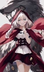  absurdres blue_eyes bow braid breasts cape commentary detached_sleeves dress fate/grand_order fate_(series) female finger_to_mouth fur_trim hair_ornament hairbow highres hood hood_up long_hair looking_at_viewer marie_antoinette_(fate) marie_antoinette_(festival_outfit)_(fate) medium_breasts mg_(ehme3725) official_alternate_costume parted_lips red_bow red_cape red_dress red_hood sharp_teeth short_sleeves smile solo teeth twin_braids twintails twitter_username very_long_hair white_bow white_hair wolf 