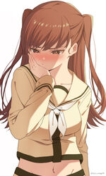  alternate_hairstyle blush breasts brown_eyes brown_hair female hand_on_own_cheek hand_on_own_face highres kantai_collection laco_soregashi long_hair long_sleeves medium_breasts navel neckerchief nose_blush ooi_(kancolle) ooi_kai_ni_(kancolle) sailor_collar school_uniform serafuku simple_background solo twitter_username two_side_up upper_body white_background white_neckerchief yellow_sailor_collar 