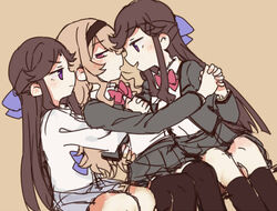  3girls black_hairband black_socks black_thighhighs blonde_hair blue_bow blush blush_visible_through_hair bow bowtie brown_hair clone collared_shirt commentary couple dual_persona embarrassed expressionless fud girl_sandwich grey_jacket grey_skirt hair_between_eyes hair_ornament hairband hairbow happy holding_hands hug interlocked_fingers jacket kneehighs long_hair multiple_girls open_mouth pleated_skirt profile purple_eyes red_bow red_bowtie red_eyes saijou_claudine sandwiched school_uniform seishou_music_academy_uniform shirt shirt_tucked_in shoujo_kageki_revue_starlight sidelocks simple_background sitting skirt socks swept_bangs symbol-only_commentary tan_background tendou_maya thighhighs wavy_hair white_shirt x_hair_ornament yuri 