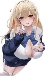  blonde_hair blue_bow blue_bowtie blue_jacket blush bow bowtie breasts brown_eyes claw_ring cleavage collared_shirt female goddess_of_victory:_nikke hair_ornament heart highres huge_breasts jacket jewelry long_hair milmil7 multiple_rings off_shoulder open_clothes open_jacket open_mouth partially_unbuttoned ring shirt simple_background sleeves_past_wrists smile solo thighhighs tia_(nikke) white_background white_shirt 