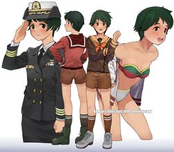  alternate_costume anniversary bikini black_socks brown_sailor_collar brown_serafuku brown_shirt brown_shorts brown_socks commentary_request copyright_name cowboy_shot cropped_legs female female_service_cap full_body gradient_background green_hair highres jacket kantai_collection military military_uniform mogami_(kancolle) mogami_(swimsuit_mode)_(kancolle) mogami_kai_ni_(kancolle) multicolored_bikini multicolored_clothes multiple_persona official_alternate_costume sailor_collar school_uniform serafuku shirt short_hair shorts socks strapless strapless_bikini swept_bangs swimsuit tooku_nomura_(artist) uniform white_background white_jacket 