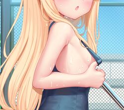  armpit_crease bachibachi_(tisen) bare_arms bare_shoulders blonde_hair blue_one-piece_swimsuit blush breasts chain-link_fence clothes_pull cropped female fence from_side head_out_of_frame highres little_witch_nobeta long_hair nobeta official_art one-piece_swimsuit one-piece_swimsuit_pull open_mouth small_breasts solo swimsuit upper_body wet 