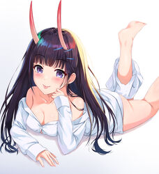  :p ass azur_lane barefoot breasts cleavage female highres horns itaba_atsushi legs_up long_hair looking_at_viewer lying medium_breasts noshiro_(azur_lane) noshiro_(cozy_enclave)_(azur_lane) off_shoulder official_alternate_costume on_stomach oni_horns panties purple_eyes purple_hair shirt shorts shorts_around_one_leg solo the_pose tongue tongue_out underwear white_panties white_shirt white_shorts 