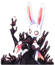  animal_ears bell_(firebay) black_dress black_gloves breasts cleavage colored_sclera commentary creature dress female firebay furry furry_female gloves hand_up heart highres index_finger_raised medium_breasts original pink_sclera puffy_short_sleeves puffy_sleeves rabbit_ears rabbit_girl rabbit_tail short_sleeves simple_background symbol-only_commentary tail white_background white_eyes 