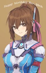  breasts brown_eyes brown_hair closed_mouth female hair_ribbon highres long_hair looking_at_viewer murata_tefu pink_ribbon ponytail ribbon saionji_reimi simple_background smile solo star_ocean star_ocean_the_last_hope 