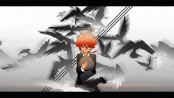  18_(backstreetno18) ahoge animal bird black_jacket black_suit blush closed_mouth collar collared_shirt embarrassed emma_(yakusoku_no_neverland) facing_viewer female flying formal green_eyes grey_background hair_between_eyes hat holding holding_clothes holding_hat jacket letterboxed long_sleeves looking_down neck_tattoo number_tattoo orange_hair photoshop_(medium) shirt short_hair simple_background solo standing suit tattoo unworn_hat unworn_headwear upper_body white_bird white_shirt yakusoku_no_neverland 