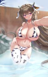  absurdres alternate_costume animal_ears animal_print azur_lane bikini blurry blurry_background breasts brown_hair cleavage cow_ears cow_girl cow_horns cow_print cow_print_bikini cow_tail female hair_ribbon highres horns huge_breasts kashino_(azur_lane) long_hair looking_at_viewer onsen print_bikini purple_eyes ribbon selfie shenqi_(toid310) skindentation solo string_bikini swimsuit tail thighhighs very_long_hair wading water white_ribbon 