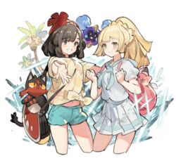  2girls alolan_exeggutor backpack bag beanie blonde_hair blunt_bangs blush brown_hair clenched_hands closed_mouth cosmog eyelashes floral_print green_eyes green_shorts grey_eyes grin hands_up hat lillie_(pokemon) litten long_hair medium_hair multiple_girls pleated_skirt pokemon pokemon_(creature) pokemon_sm ponytail red_headwear selene_(pokemon) shirt short_shorts short_sleeves shorts shoulder_bag skirt smile starshadowmagician t-shirt teeth tied_shirt white_skirt yellow_shirt 